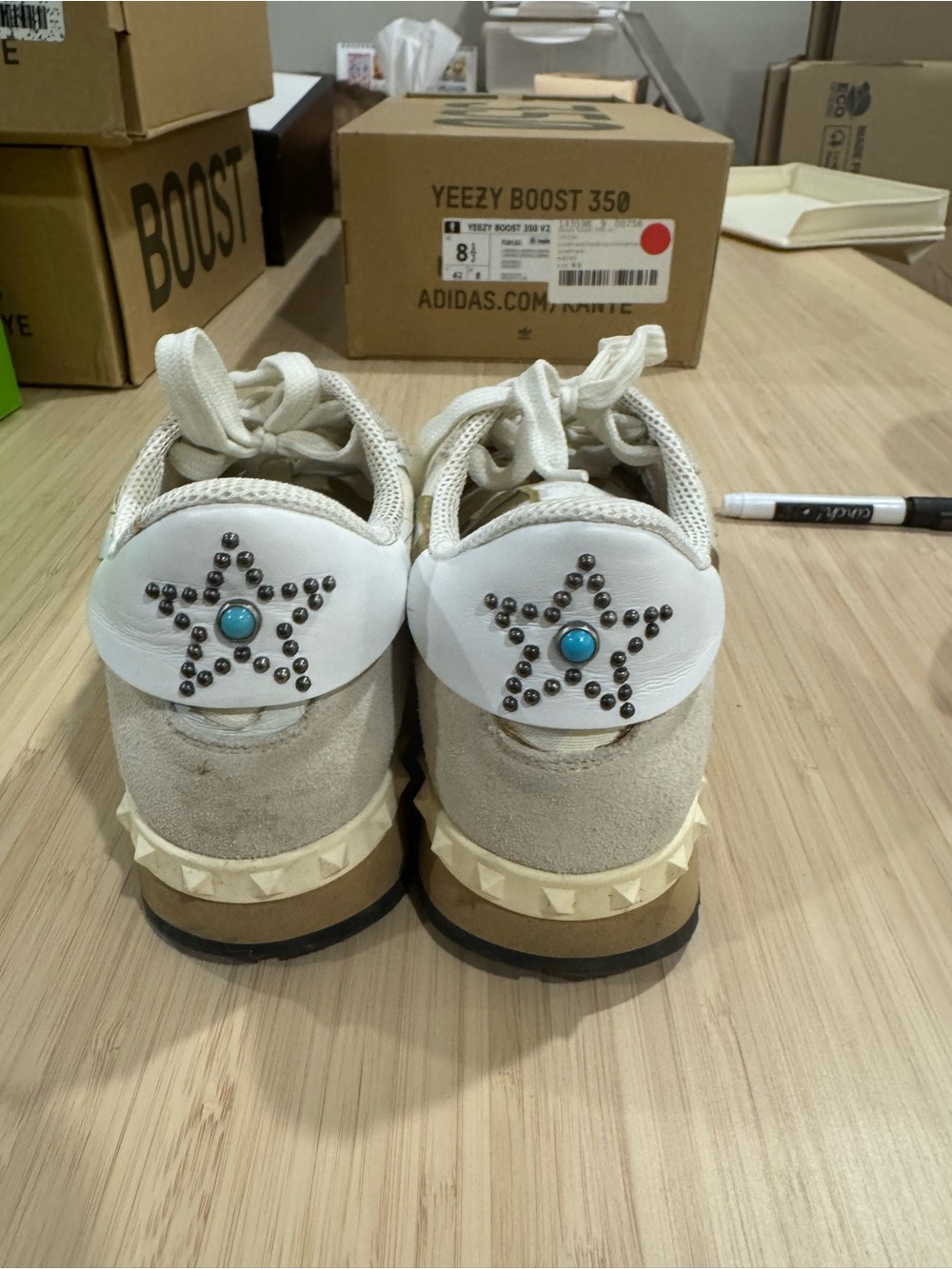 Valentino Beige and Turquoise Star-Stud Sneakers